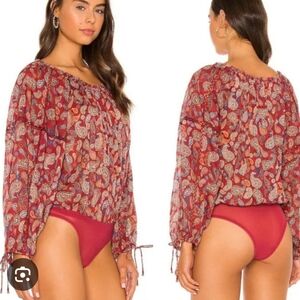 Free People Sundown Paisley Cotton Bodysuit Burgundy 70s Hippie